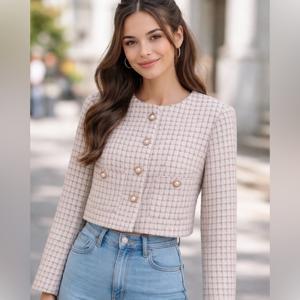 House of Harlow 1960 Tweed Plaid Cropped Jacket Pearl Buttons  Small